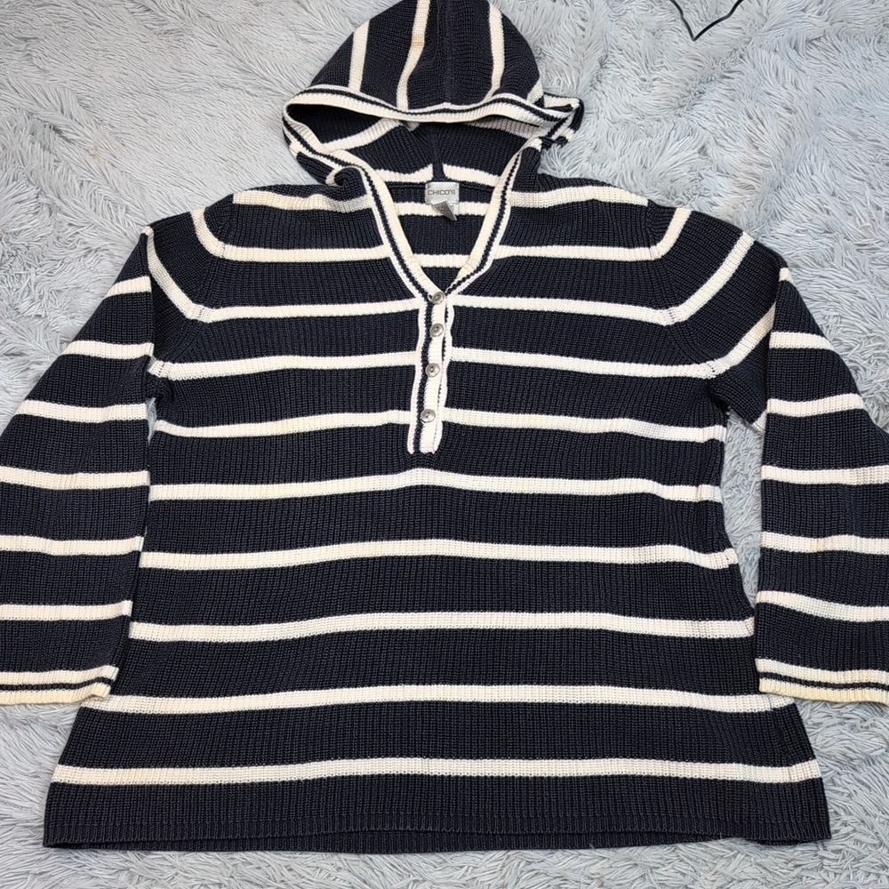 Chico's Sweater Womens Plus 3 Blue White‎ Stripe Hoodie Knit Comfort Casual